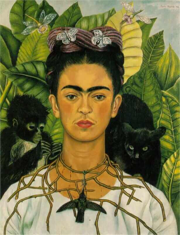 death curious art Frida Kahlo, Self Portrait with Thorn Necklace and Hummingbird, 1940. 