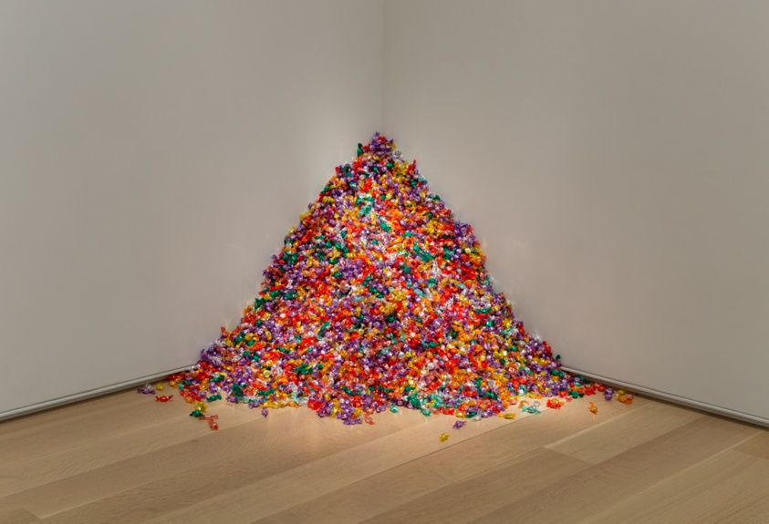 death curious art 
Felix Gonzalez-Torres, “Untitled (Portrait of Ross in LA),” 1991, Candies in variously colored wrappers, endless supply, dimensions vary by installation, 175 lbs. Photo from The Art Institute of Chicago’s website, courtesy of the Felix Gonzalez-Torres Foundation. 